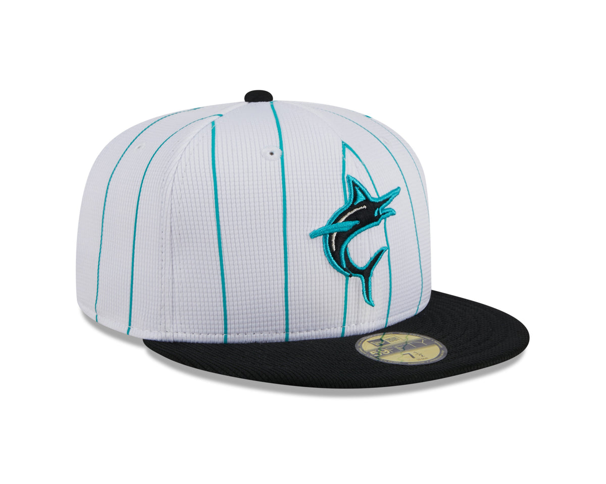 Men s Miami Marlins White 2024 Batting Practice 59FIFTY Fitted Hat Official Team Hat Sports Fan Cap Official MLB Team Hat Baseball Fan Cap