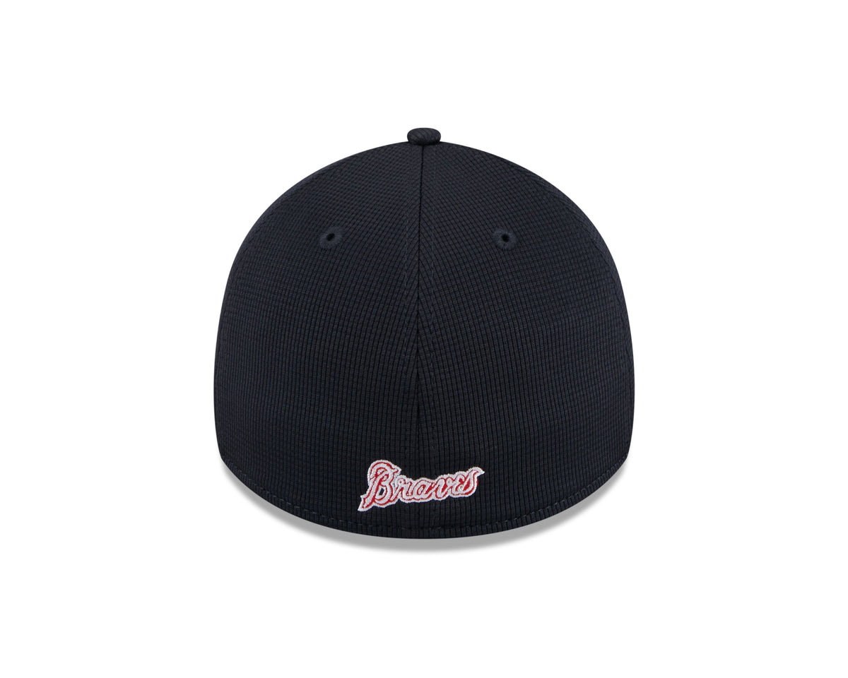 Mens New Era Atlanta Braves White Navy 2024 Batting Practice 39Thirty Flex Fit Cap Official Team Hat Sports Fan Cap Official MLB Team Hat Baseball Fan