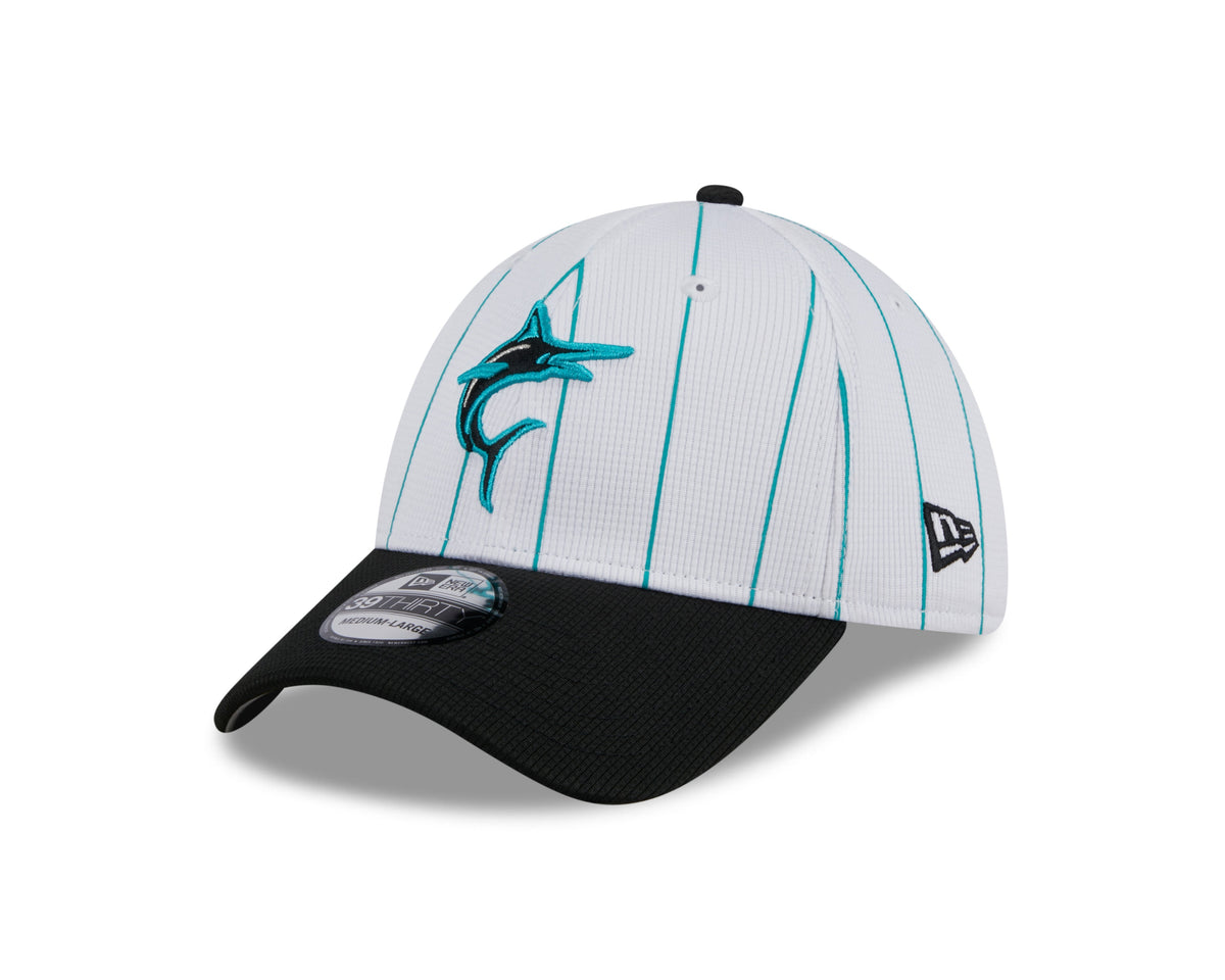 Men s Miami Marlins New Era 2024 Batting Practice White Black 39THIRTY Flex-Fit Hat Official Team Hat Sports Fan Cap Official MLB Team Hat Baseball Fa
