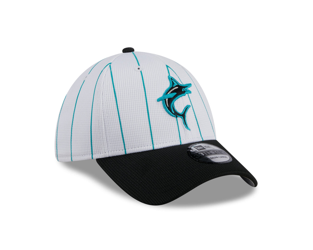 Men s Miami Marlins New Era 2024 Batting Practice White Black 39THIRTY Flex-Fit Hat Official Team Hat Sports Fan Cap Official MLB Team Hat Baseball Fa
