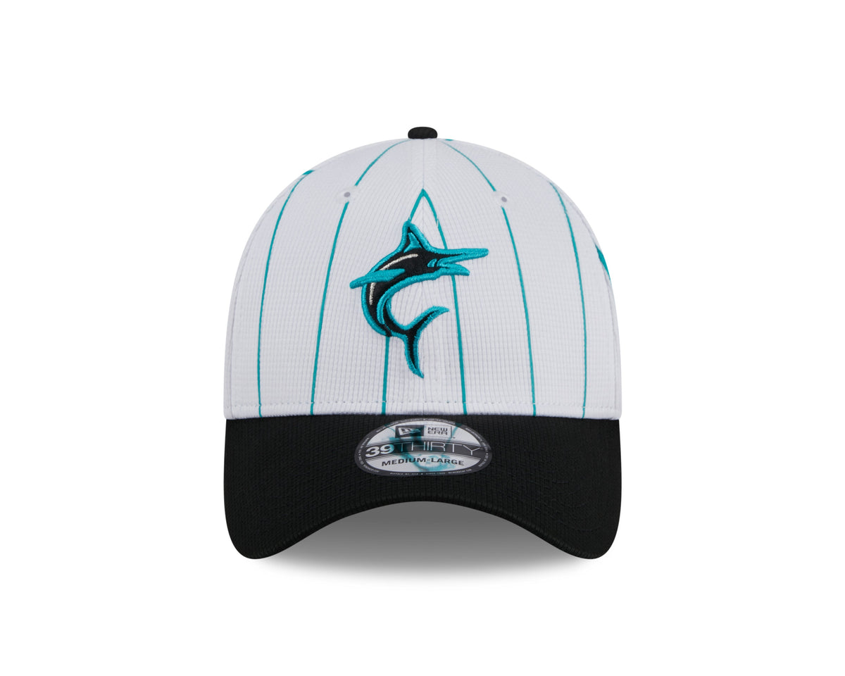 Men s Miami Marlins New Era 2024 Batting Practice White Black 39THIRTY Flex-Fit Hat Official Team Hat Sports Fan Cap Official MLB Team Hat Baseball Fa