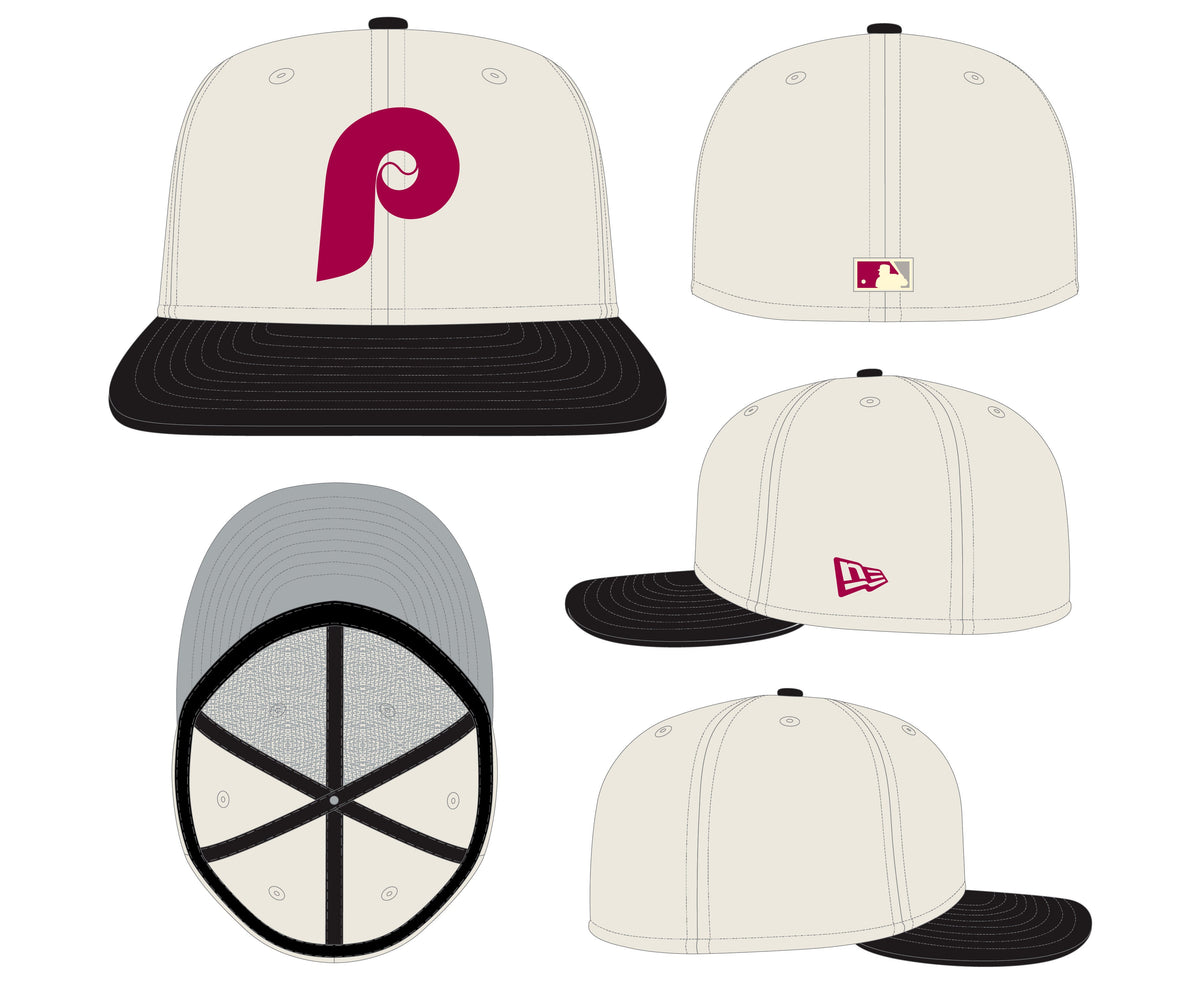 Philadelphia Phillies Cooperstown Collection Cream Black Leather Visor New Era 59FIFTY Fitted Hat Official Team Hat Sports Fan Cap Official MLB Team H