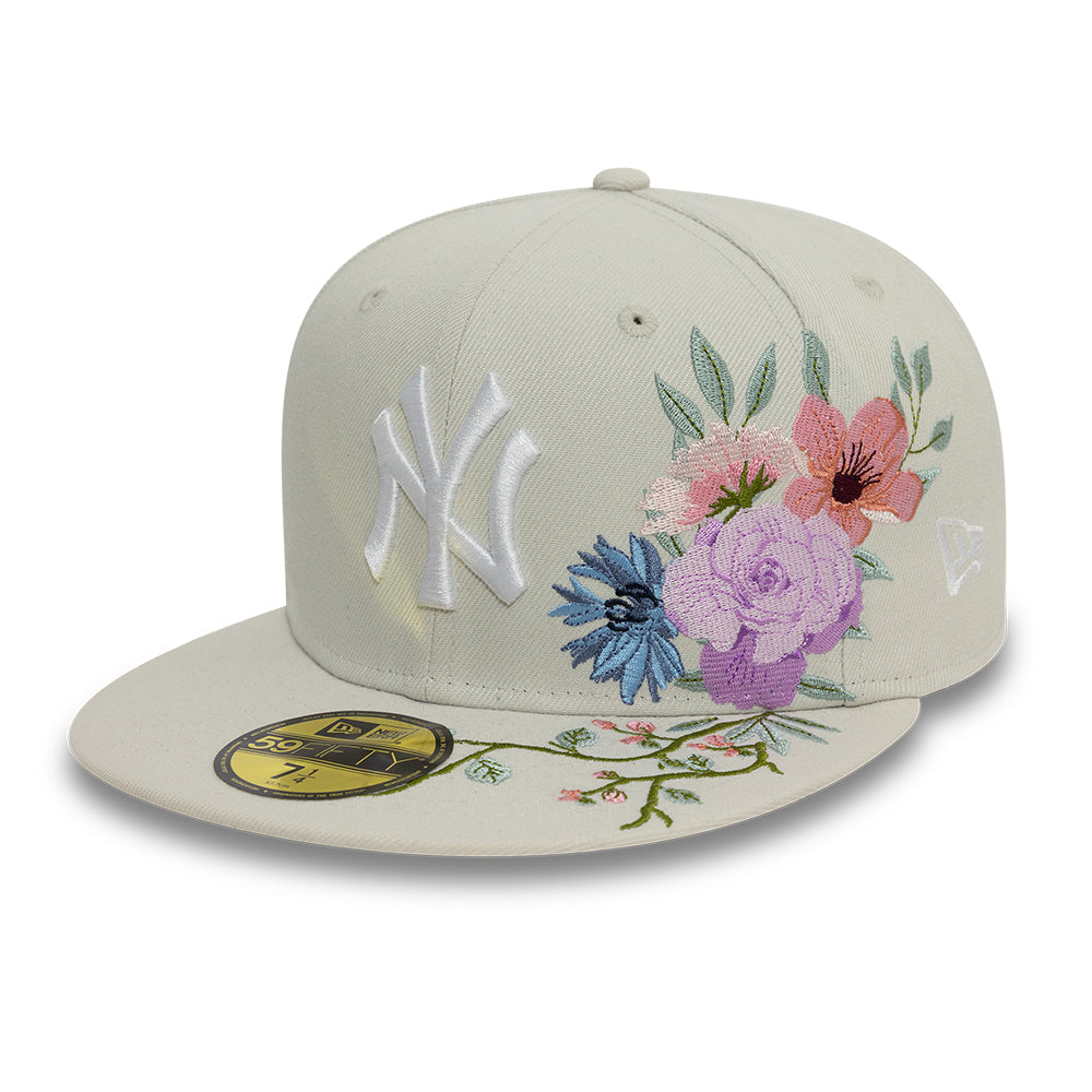 New York Yankees MLB Floral 59Fifty New Era Cream White Official Team Hat Sports Fan Cap Official MLB Team Hat Baseball Fan Cap