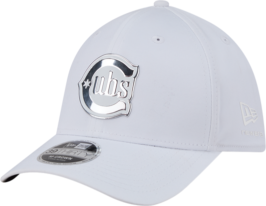 Chicago Cubs New Era M-Crown 39Thirty Alternate 2 Metallic White Performance Flex Fit Hat Official Team Hat Sports Fan Cap Official MLB Team Hat Baseb