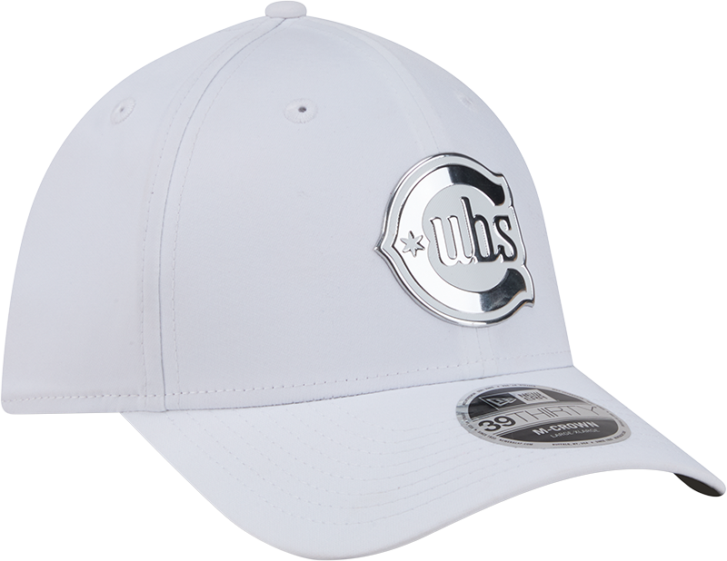 Chicago Cubs New Era M-Crown 39Thirty Alternate 2 Metallic White Performance Flex Fit Hat Official Team Hat Sports Fan Cap Official MLB Team Hat Baseb