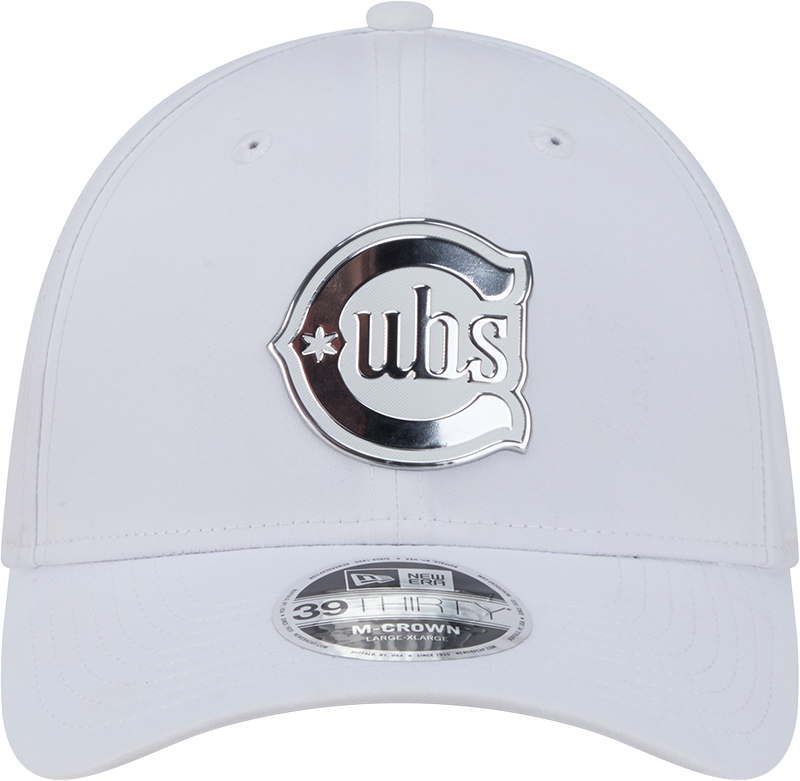 Chicago Cubs New Era M-Crown 39Thirty Alternate 2 Metallic White Performance Flex Fit Hat Official Team Hat Sports Fan Cap Official MLB Team Hat Baseb
