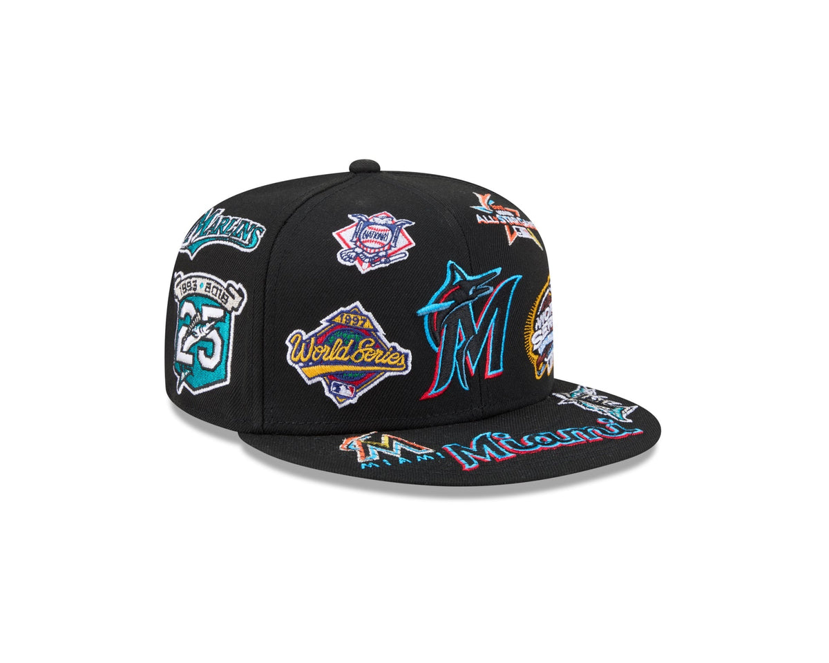 Miami Marlins MLB All Over Patch 59FIFTY New Era Official Team Hat Sports Fan Cap Official MLB Team Hat Baseball Fan Cap