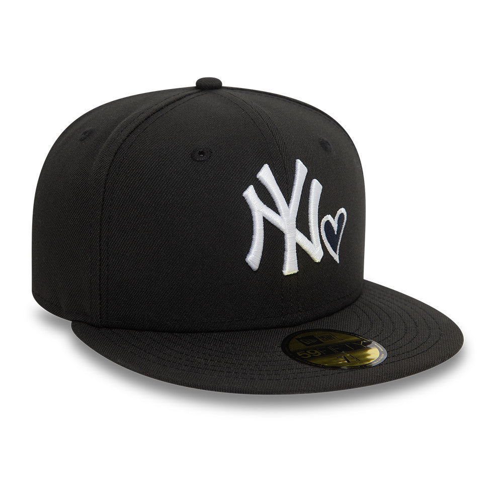 New York Yankees MLB Heart Icon 59FIFTY Fitted New Era Black White Official Team Hat Sports Fan Cap Official MLB Team Hat Baseball Fan Cap