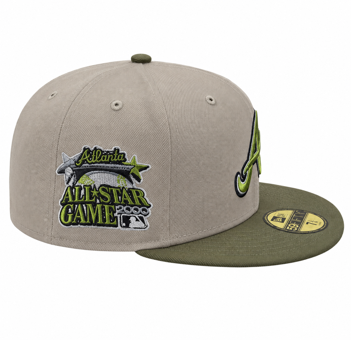 Atlanta Braves New Era 2 Tone Stone Green Bark Sevendust Home inspired 59FIFTY Fitted Hat Official Team Hat Sports Fan Cap Official MLB Team Hat Baseb