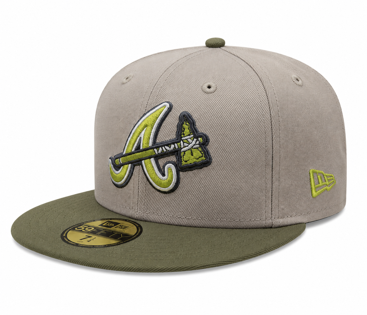 Atlanta Braves New Era 2 Tone Stone Green Bark Sevendust Home inspired 59FIFTY Fitted Hat Official Team Hat Sports Fan Cap Official MLB Team Hat Baseb