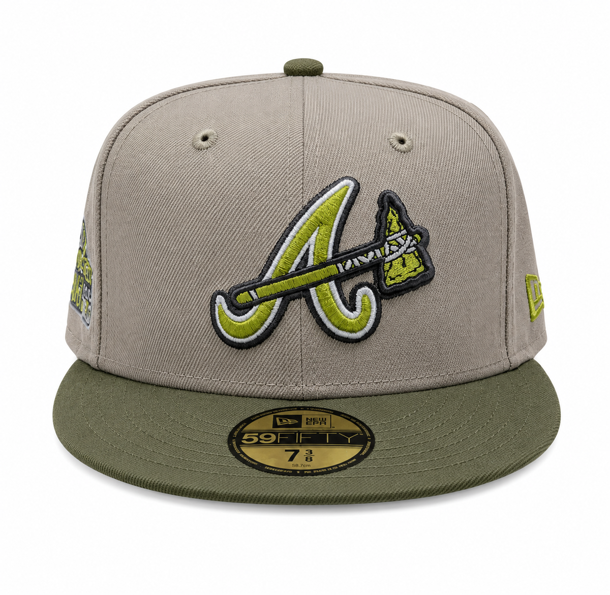 Atlanta Braves New Era 2 Tone Stone Green Bark Sevendust Home inspired 59FIFTY Fitted Hat Official Team Hat Sports Fan Cap Official MLB Team Hat Baseb
