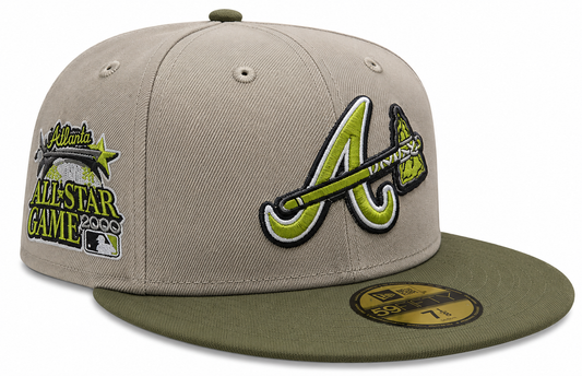 Atlanta Braves New Era 2 Tone Stone Green Bark Sevendust Home inspired 59FIFTY Fitted Hat Official Team Hat Sports Fan Cap Official MLB Team Hat Baseb