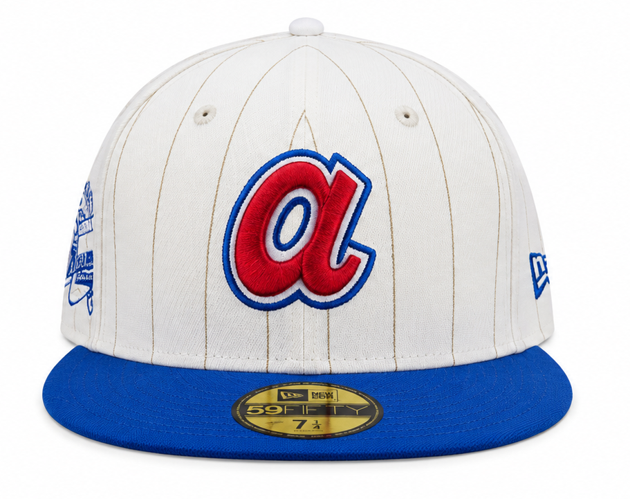 Atlanta Braves Historic Off White Royal New Era 59FIFTY Fitted Hat Official Team Hat Sports Fan Cap Official MLB Team Hat Baseball Fan Cap