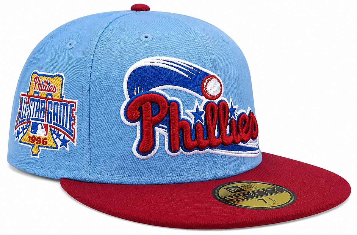 Philadelphia Phillies MLB 1996 ASG 2 Tone Sky Blue Cardinal New Era 59FIFTY Fitted Hat Official Team Hat Sports Fan Cap Official MLB Team Hat Baseball
