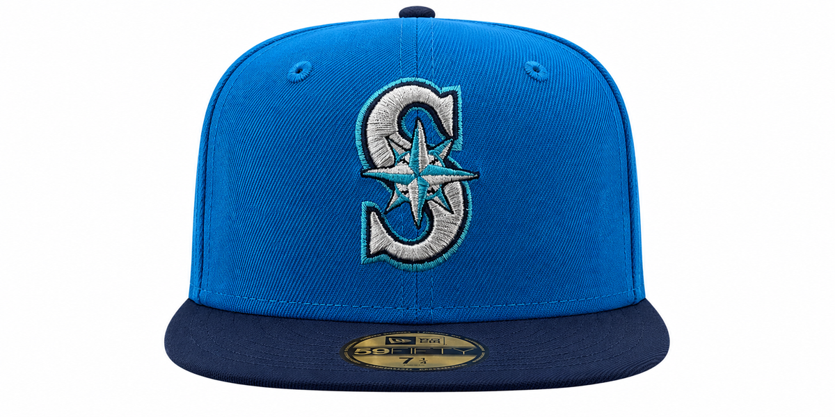 Seattle Mariners New Era 2 Tone Sunwash Ocean Blue Nirvana Nevermind Inspired 59FIFTY Fitted Hat Official Team Hat Sports Fan Cap Official MLB Team Ha