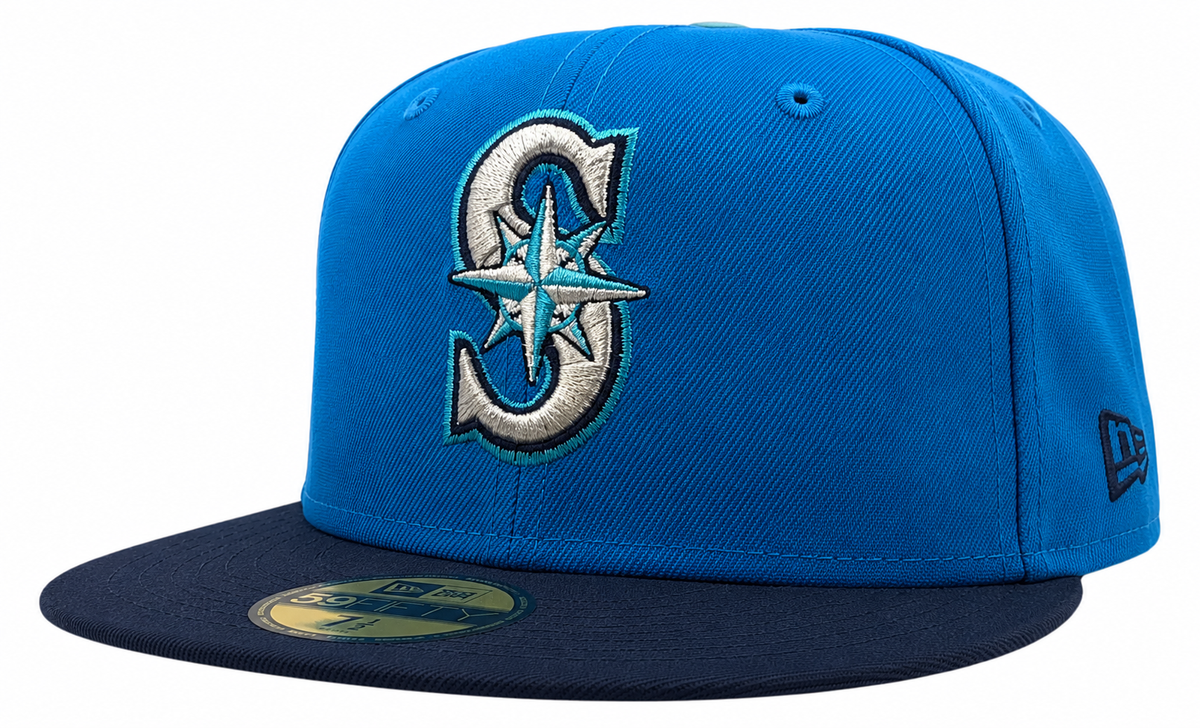 Seattle Mariners New Era 2 Tone Sunwash Ocean Blue Nirvana Nevermind Inspired 59FIFTY Fitted Hat Official Team Hat Sports Fan Cap Official MLB Team Ha