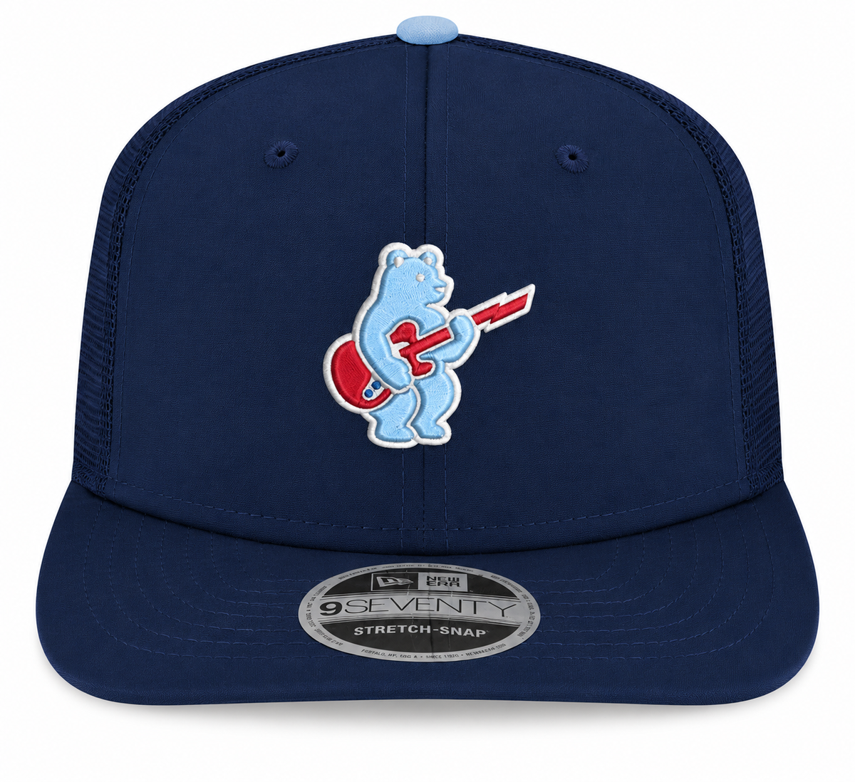 Chicago Cubs New Era Sky Guitar Bear Navy Alternate 2 9SEVENTY Trucker Hat Official Team Hat Sports Fan Cap Official MLB Team Hat Baseball Fan Cap