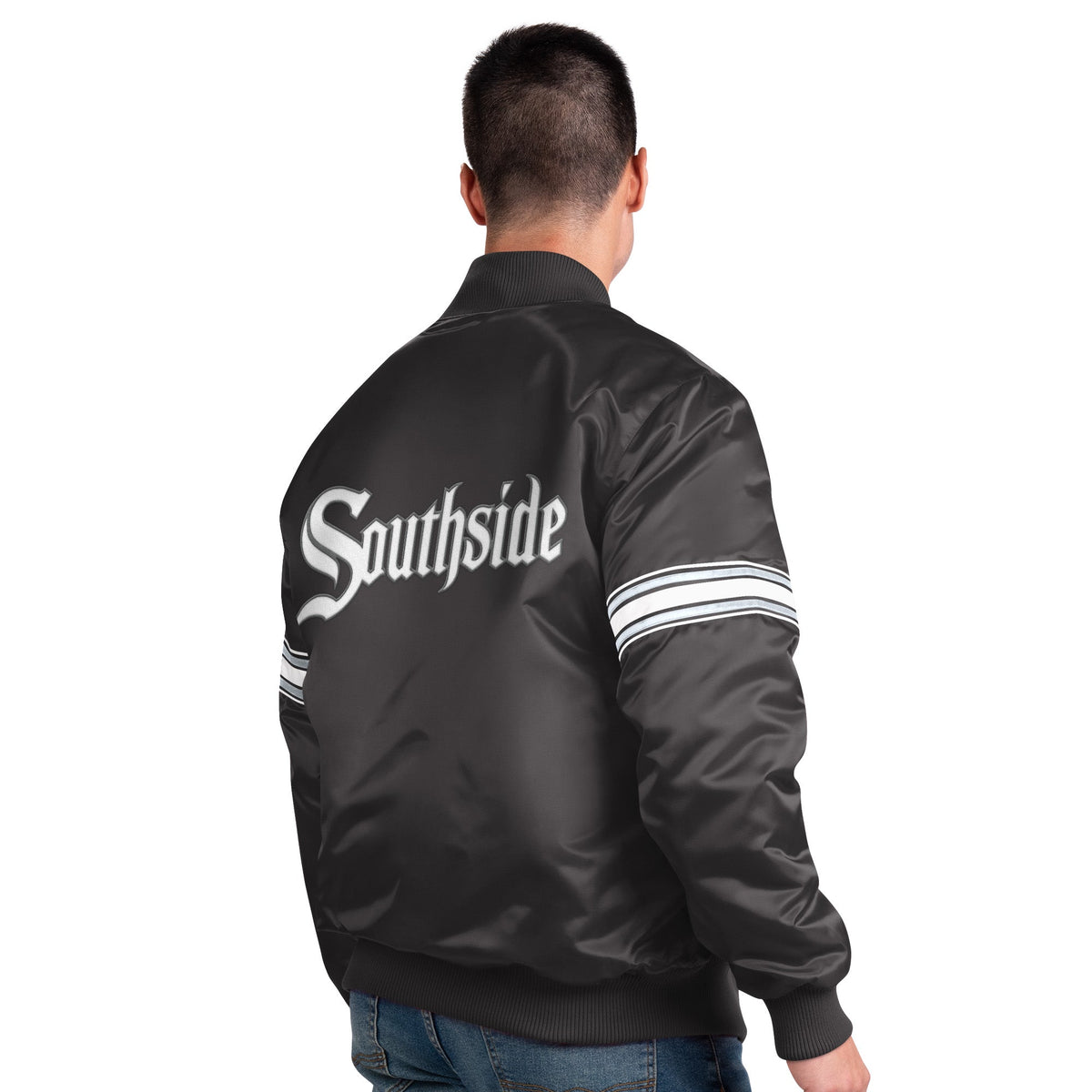 Men s Chicago White Sox City Connect Pick And Roll Starter Satin Jacket-Black Official Sports Fan Gear Official MLB Team Apparel Baseball Fan Gear