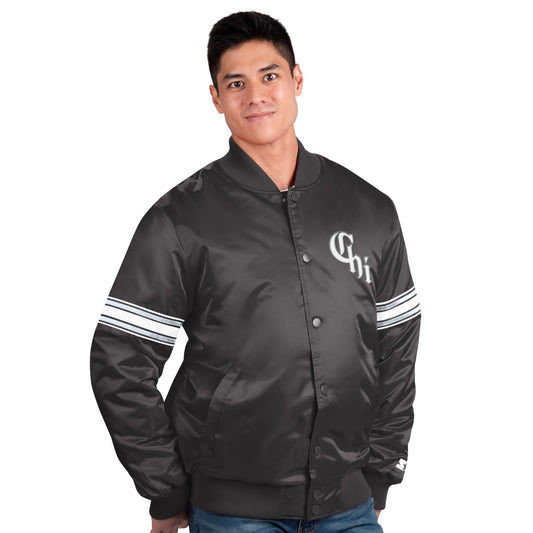 Men s Chicago White Sox City Connect Pick And Roll Starter Satin Jacket-Black Official Sports Fan Gear Official MLB Team Apparel Baseball Fan Gear