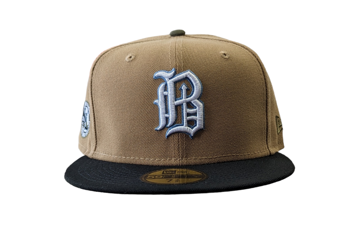 Birmingham Barons Biff New Era Southern League Khaki Black Olive 59FIFTY Fitted Hat Official Team Hat Sports Fan Cap Official MLB Team Hat Baseball Fa