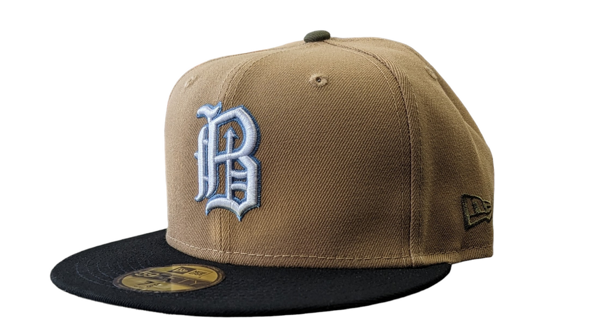 Birmingham Barons Biff New Era Southern League Khaki Black Olive 59FIFTY Fitted Hat Official Team Hat Sports Fan Cap Official MLB Team Hat Baseball Fa
