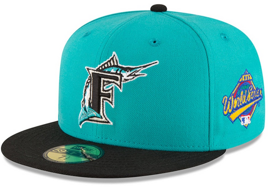 Men s Florida Marlins New Era Aqua 1997 World Series Wool 59FIFTY Fitted Hat Official Team Hat Sports Fan Cap Official MLB Team Hat Baseball Fan Cap