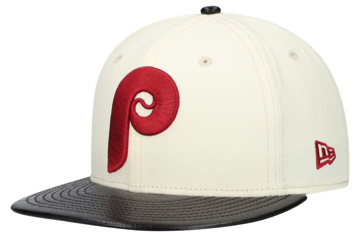 Philadelphia Phillies Cooperstown Collection Cream Black Leather Visor New Era 59FIFTY Fitted Hat Official Team Hat Sports Fan Cap Official MLB Team H