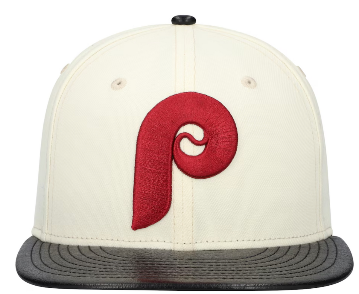 Philadelphia Phillies Cooperstown Collection Cream Black Leather Visor New Era 59FIFTY Fitted Hat Official Team Hat Sports Fan Cap Official MLB Team H
