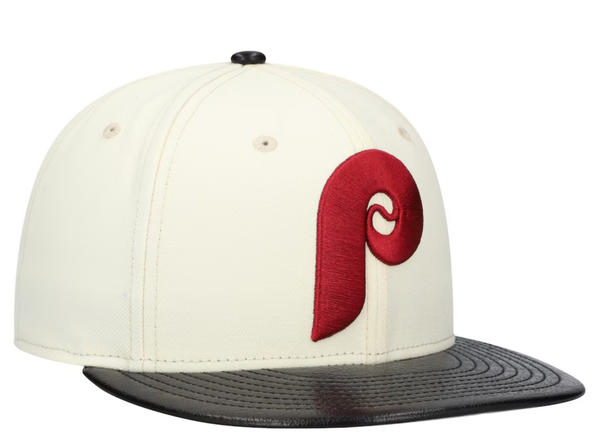 Philadelphia Phillies Cooperstown Collection Cream Black Leather Visor New Era 59FIFTY Fitted Hat Official Team Hat Sports Fan Cap Official MLB Team H