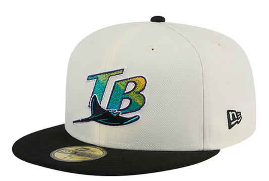Tampa Bay Devil Rays Cooperstown Collection Cream Black Leather Visor New Era 59FIFTY Fitted Hat Official Team Hat Sports Fan Cap Official MLB Team Ha