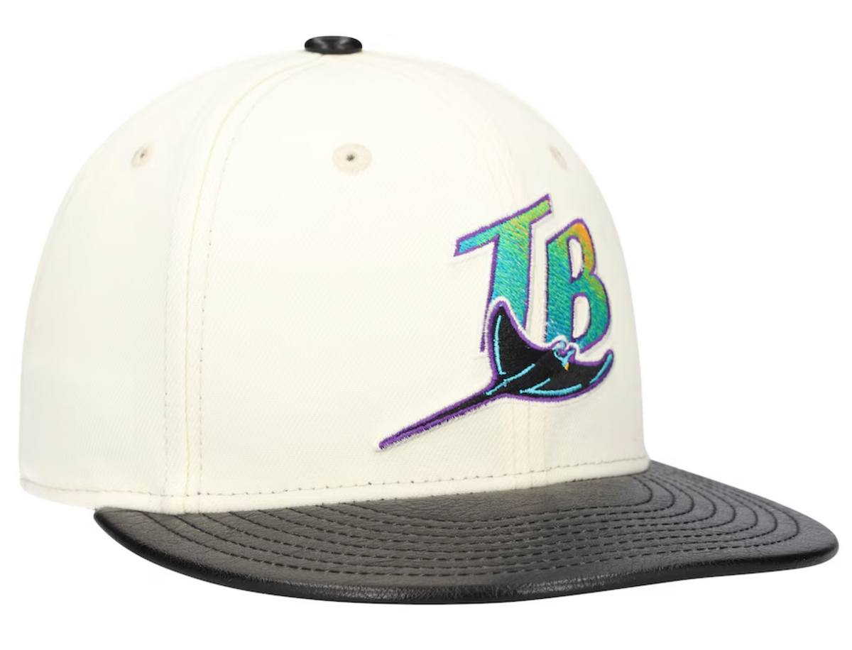 Tampa Bay Devil Rays Cooperstown Collection Cream Black Leather Visor New Era 59FIFTY Fitted Hat Official Team Hat Sports Fan Cap Official MLB Team Ha