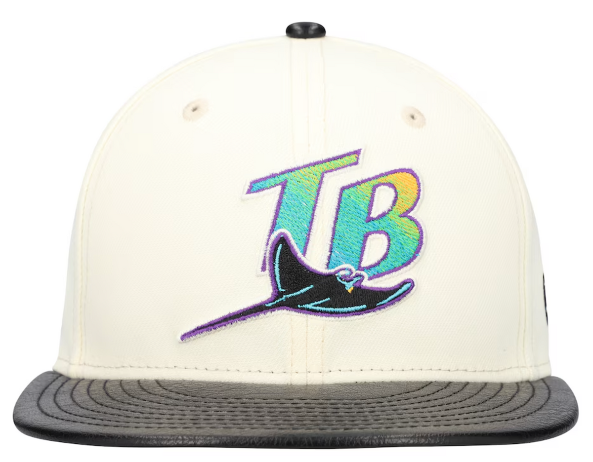 Tampa Bay Devil Rays Cooperstown Collection Cream Black Leather Visor New Era 59FIFTY Fitted Hat Official Team Hat Sports Fan Cap Official MLB Team Ha