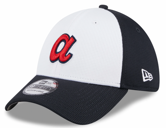 Mens New Era Atlanta Braves White Navy 2024 Batting Practice 39Thirty Flex Fit Cap Official Team Hat Sports Fan Cap Official MLB Team Hat Baseball Fan