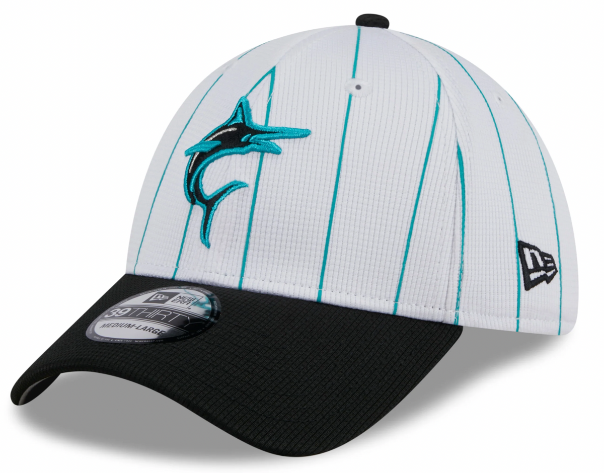 Men s Miami Marlins New Era 2024 Batting Practice White Black 39THIRTY Flex-Fit Hat Official Team Hat Sports Fan Cap Official MLB Team Hat Baseball Fa