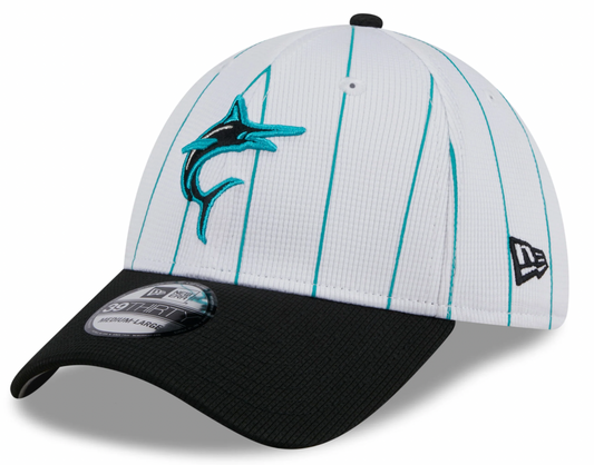 Men s Miami Marlins New Era 2024 Batting Practice White Black 39THIRTY Flex-Fit Hat Official Team Hat Sports Fan Cap Official MLB Team Hat Baseball Fa