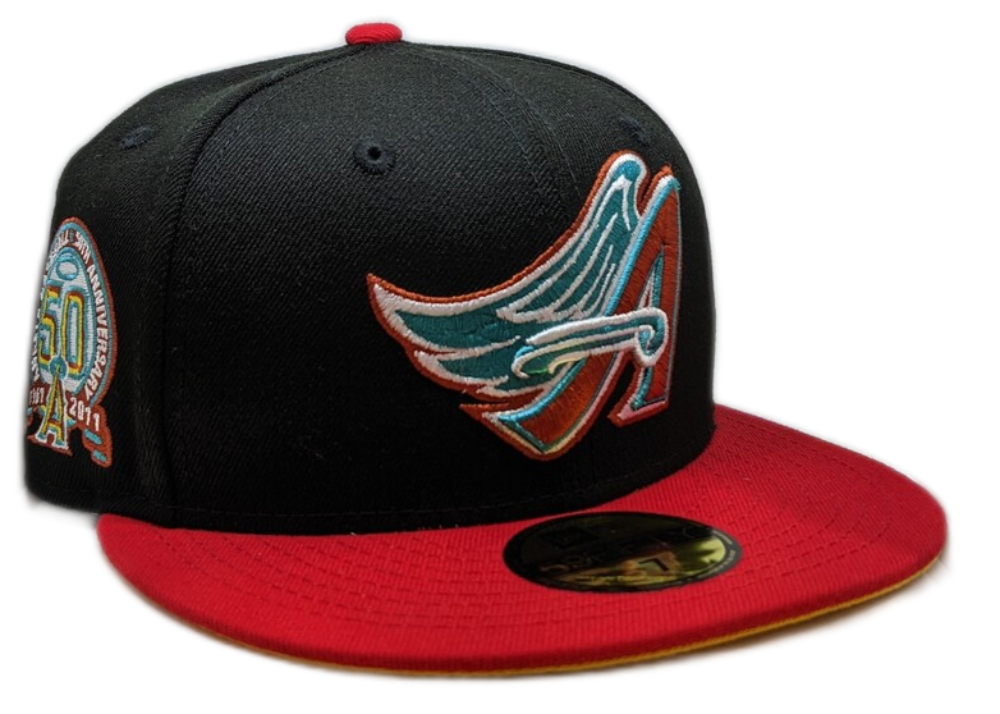 Anaheim Angels New Era 2 Tone Black Red Guns N Roses Inspired Rock Pack 59FIFTY Fitted Hat Official Team Hat Sports Fan Cap Official MLB Team Hat Base