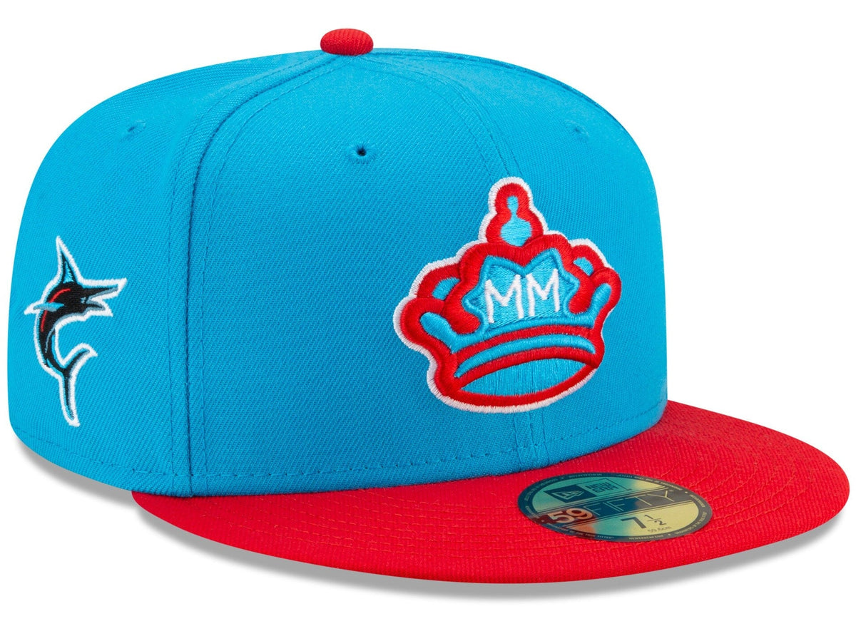 Men s Miami Marlins New Era Blue Red 2021 City Connect 59FIFTY Fitted Hat Official Team Hat Sports Fan Cap Official MLB Team Hat Baseball Fan Cap